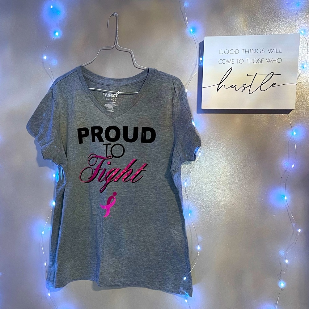 “Proud to Fight” Plus Size Breast Cancer Awareness Glitter T-Shirt